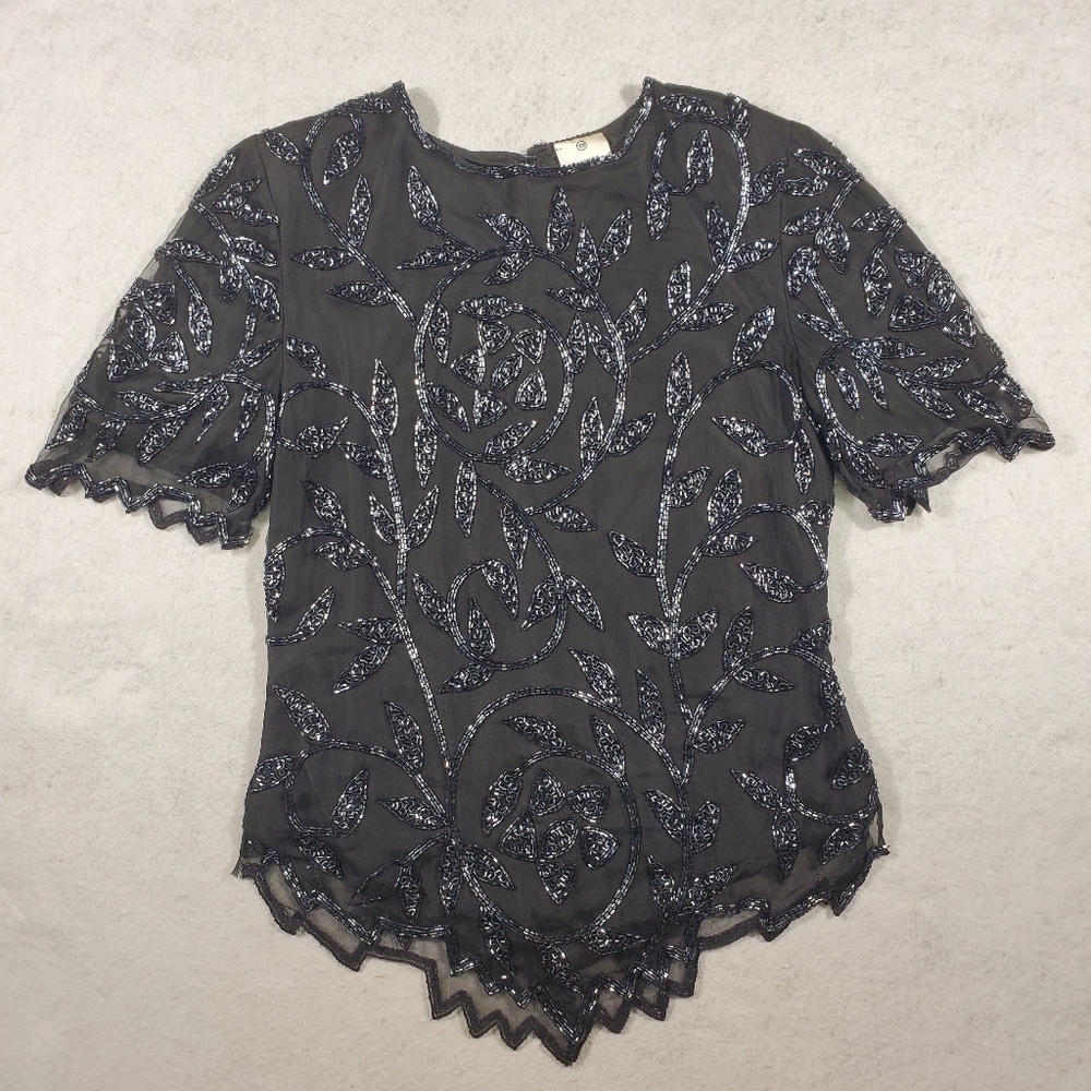 Vintage 80s Silk Beaded Jacket Black Short Sleeve Sequins Women's Size XXS Party